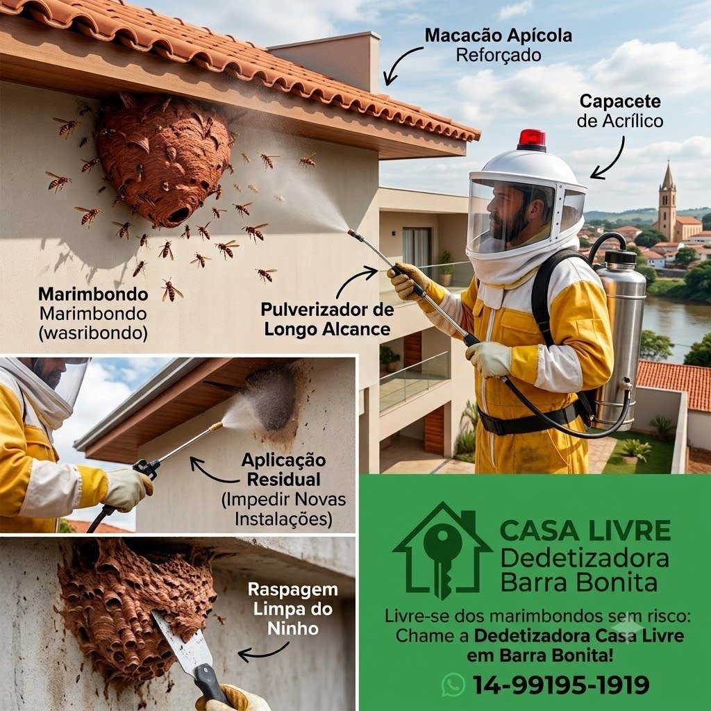 Como funciona o atendimento da Casa Livre em Bauru - Infográfico de macacão reforçado, pulverizador, aplicação residual e raspagem do ninho