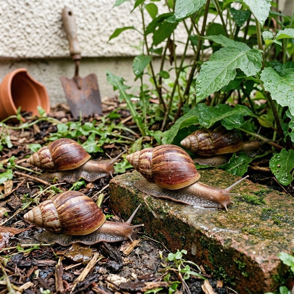 Caramujo africano transmite doenças em Bauru - Caramujos gigantes Achatina fulica em jardim