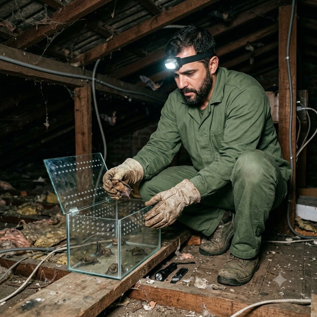 Como é feito o controle de morcegos em Bauru - Técnico realizando manejo ecológico no forro