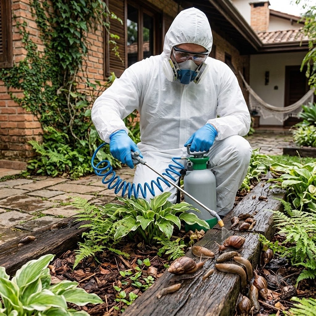 Dedetização de caramujos funciona em Bauru - Aplicação técnica com moluscicida em jardim