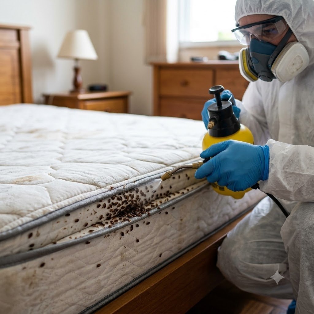 Técnico aplicando dedetização profissional em costura de colchão com percevejos em Bauru