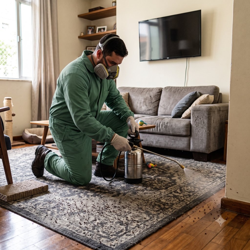 Técnico realizando aplicação de dedetização de pulgas no tapete da sala em Bauru