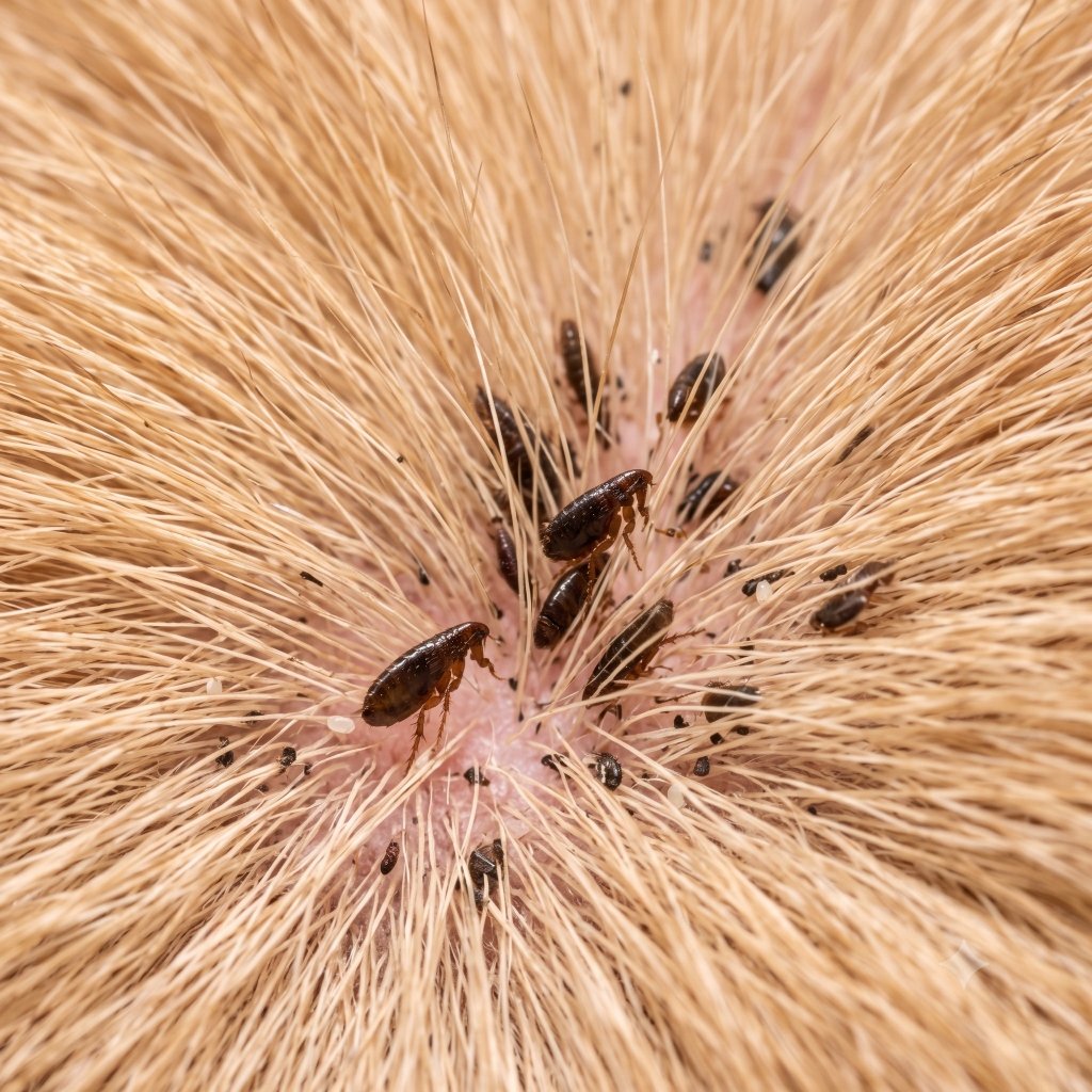 Macrofotografia de pulgas infestando a pele e os pelos do animal de estimação em Bauru