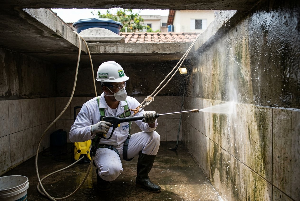 Técnico profissional realizando limpeza e higienização de caixa d'água em Bauru