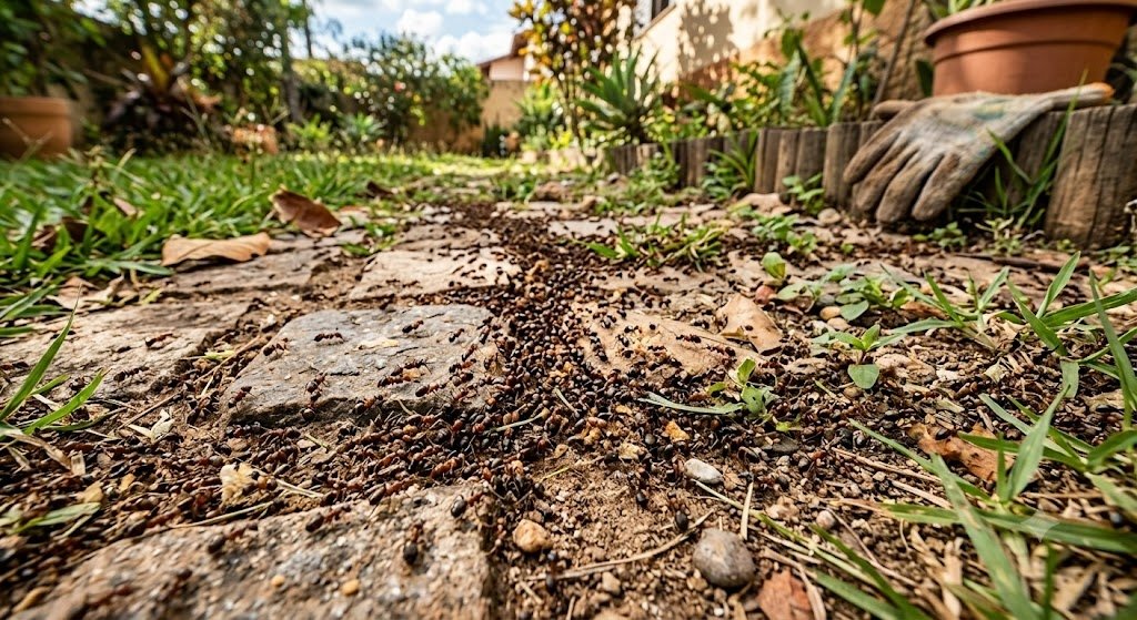 Trilha de formigas no jardim - Dedetização profissional em Bauru