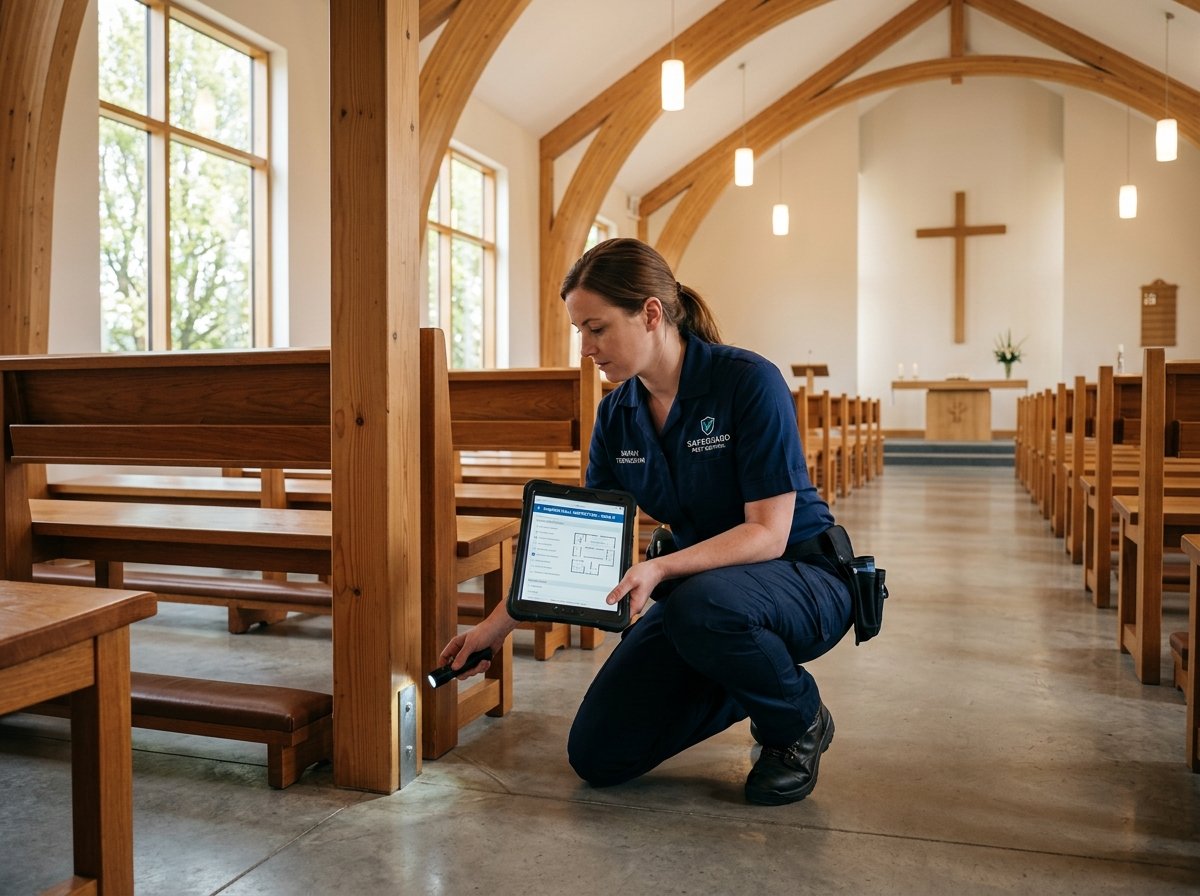 Técnica realizando inspeção minuciosa em nave principal e bancos de igreja em Bauru - Casa Livre