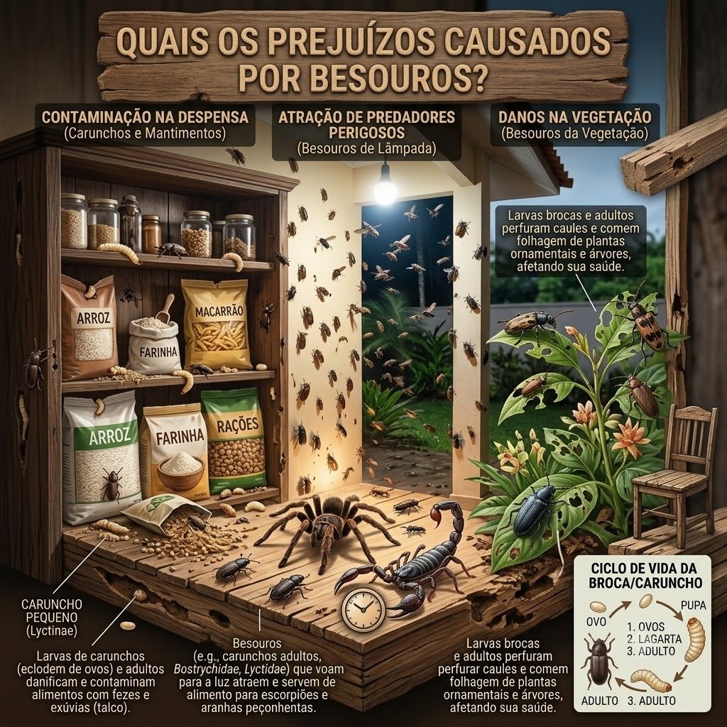 Quais os prejuízos causados por besouros em Bauru - Infográfico contaminação de despensa, atração de predadores e danos em plantas
