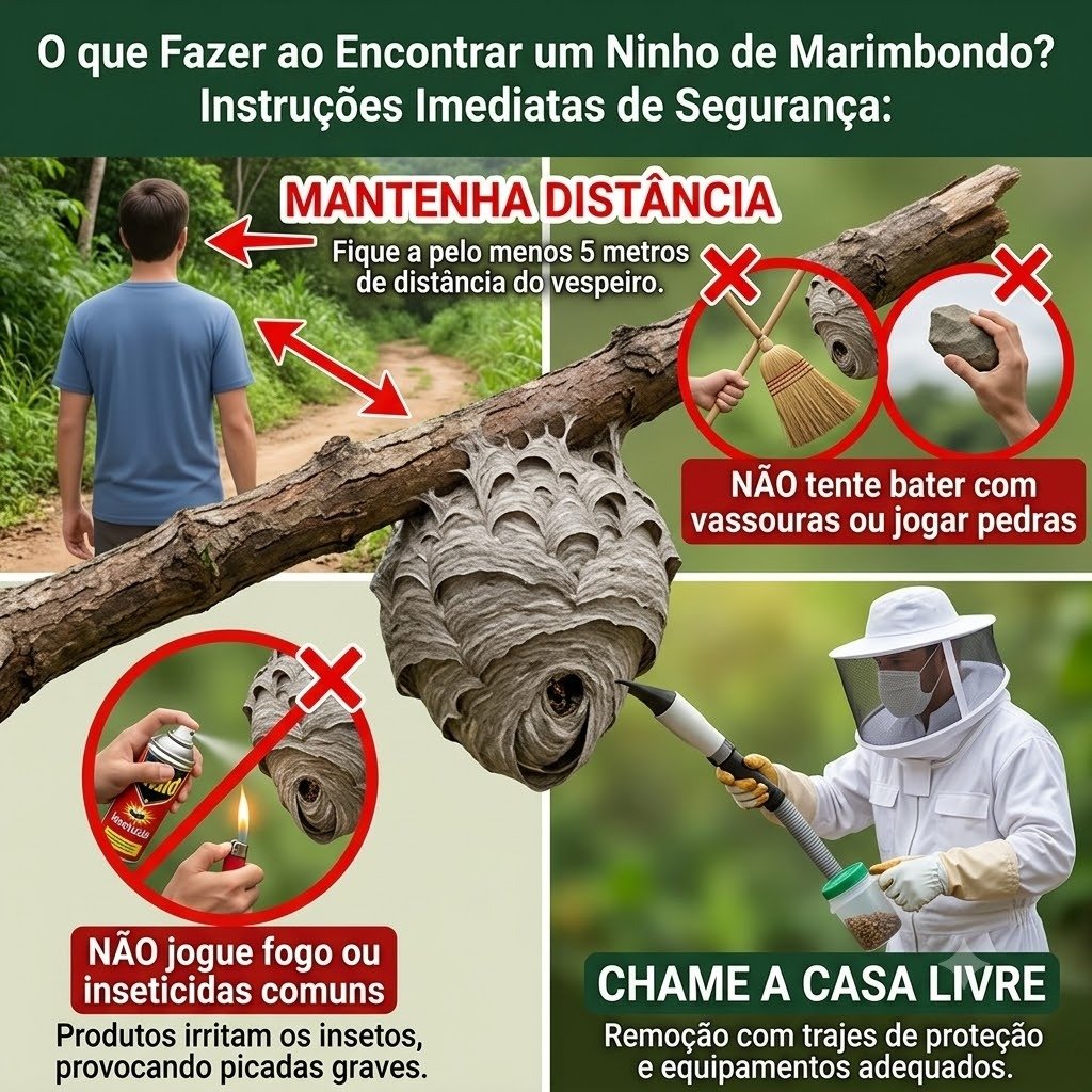 O que fazer ao encontrar um ninho de marimbondo em Bauru - Infográfico de instruções imediatas de segurança Casa Livre