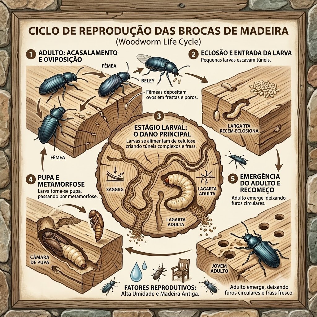 Como as brocas de madeira se reproduzem em Bauru - Infográfico ciclo de vida em 5 estágios